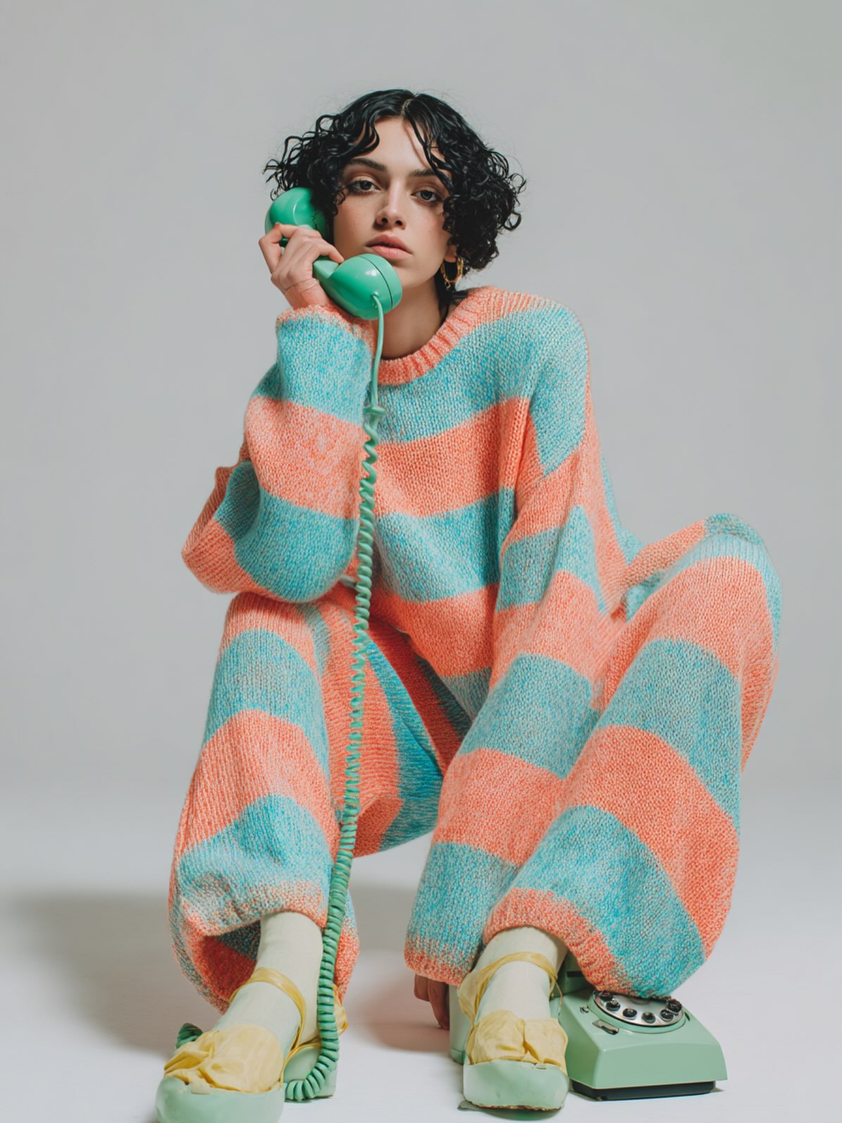 Sea meets sky.

Aquatic turquoise and sun-washed coral move in soft, oversized stripes, translating the colours of a summer horizon into knitwear. Cool sea tones meet the warmth of sunset light, while mint-green accents add a playful, slightly retro note.

A fresh chromatic dialogue between water, sky and light , relaxed, luminous and effortlessly graphic.

#colours #ss2026 #summervıbes